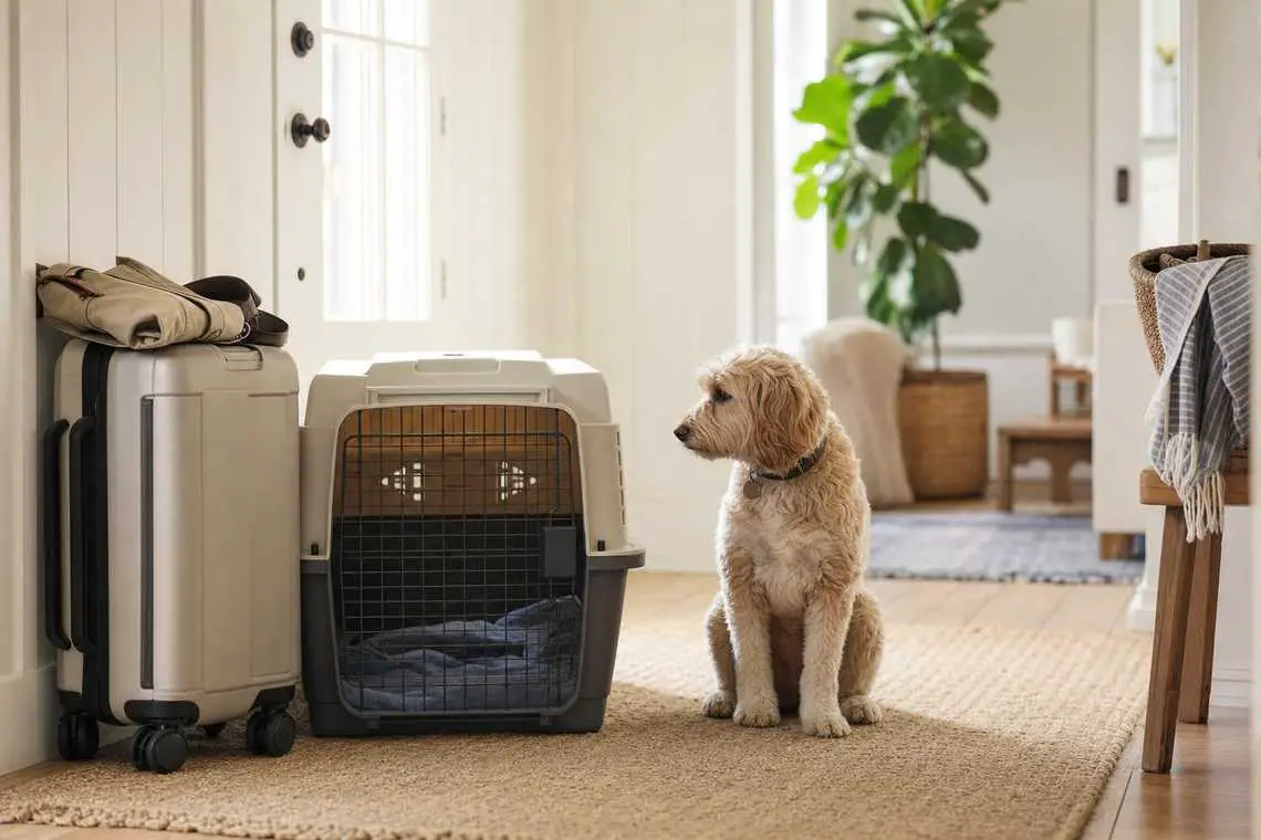 A dog sitting beside a plastic travel kennel and a packed suitcase in a hallway